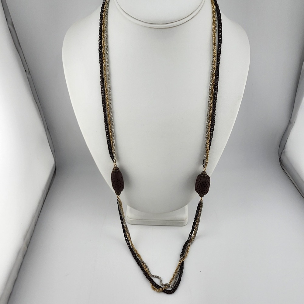 Vintage Mixed Chain Carved Wood‎ Bead Necklace